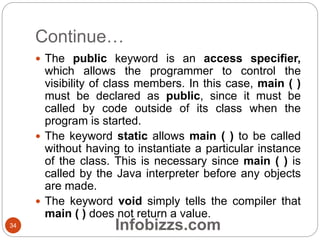 Continue…
34
 The public keyword is an access specifier,
which allows the programmer to control the
visibility of class members. In this case, main ( )
must be declared as public, since it must be
called by code outside of its class when the
program is started.
 The keyword static allows main ( ) to be called
without having to instantiate a particular instance
of the class. This is necessary since main ( ) is
called by the Java interpreter before any objects
are made.
 The keyword void simply tells the compiler that
main ( ) does not return a value.
Infobizzs.com
 