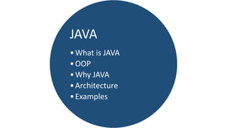 JAVA
•What is JAVA
•OOP
•Why JAVA
•Architecture
•Examples
 