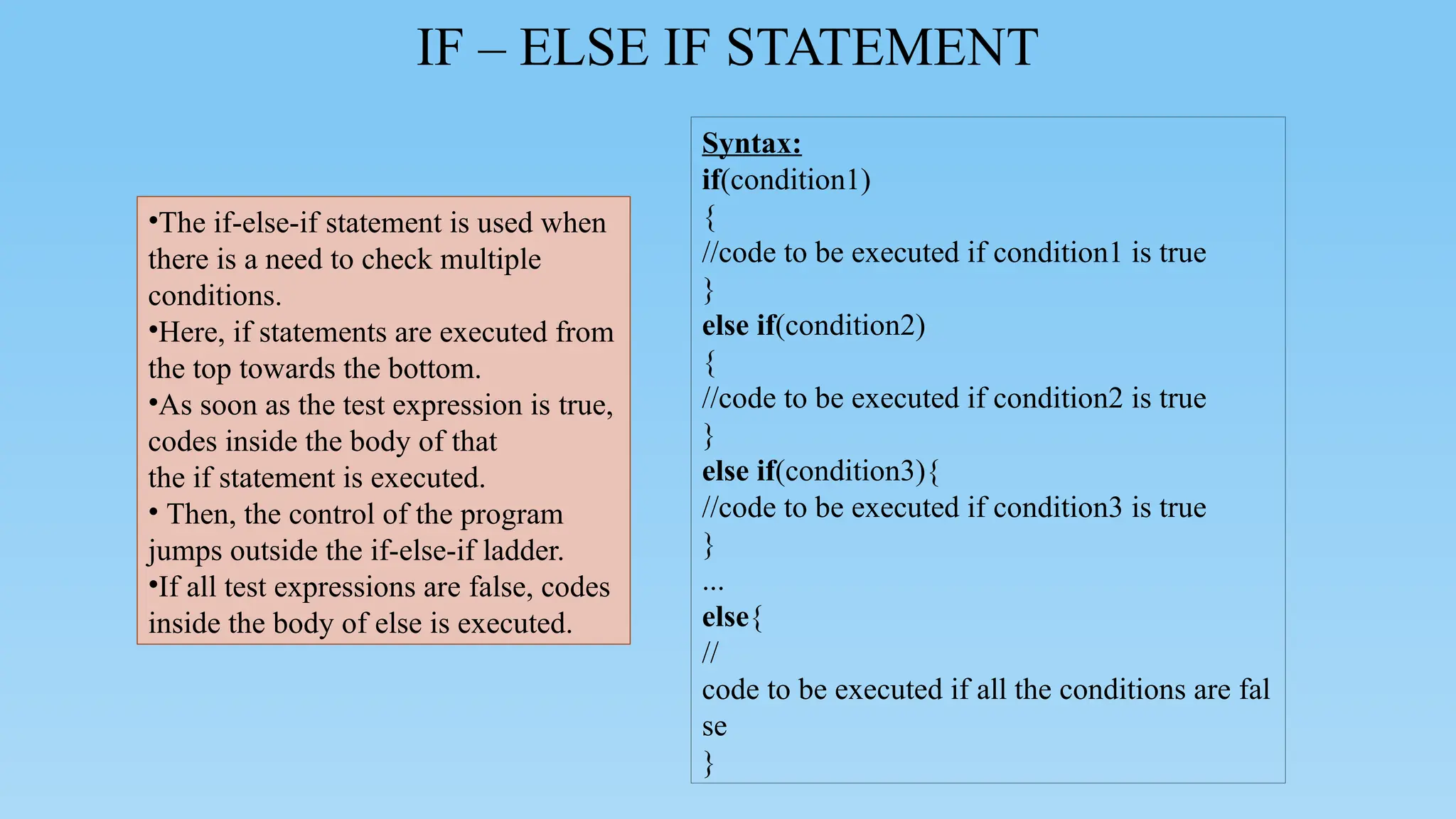 IF – ELSE IF STATEMENT
Syntax:
if(condition1)
{
//code to be executed if condition1 is true
}
else if(condition2)
{
//code to be executed if condition2 is true
}
else if(condition3){
//code to be executed if condition3 is true
}
...
else{
//
code to be executed if all the conditions are fal
se
}
•The if-else-if statement is used when
there is a need to check multiple
conditions.
•Here, if statements are executed from
the top towards the bottom.
•As soon as the test expression is true,
codes inside the body of that
the if statement is executed.
• Then, the control of the program
jumps outside the if-else-if ladder.
•If all test expressions are false, codes
inside the body of else is executed.
 