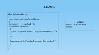 EXAMPLE
class RelationalOperator
{
public static void main(String[] args)
{
int number1 = 5, number2 = 6;
if (number1 > number2)
{
System.out.println("number1 is greater than number2.");
}
else
{
System.out.println("number2 is greater than number1.");
}
}
}
Output:
number2 is greater than
number1.
 