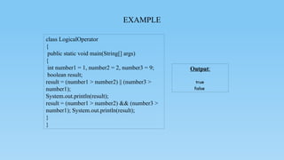 EXAMPLE
class LogicalOperator
{
public static void main(String[] args)
{
int number1 = 1, number2 = 2, number3 = 9;
boolean result;
result = (number1 > number2) || (number3 >
number1);
System.out.println(result);
result = (number1 > number2) && (number3 >
number1); System.out.println(result);
}
}
Output:
true
false
 