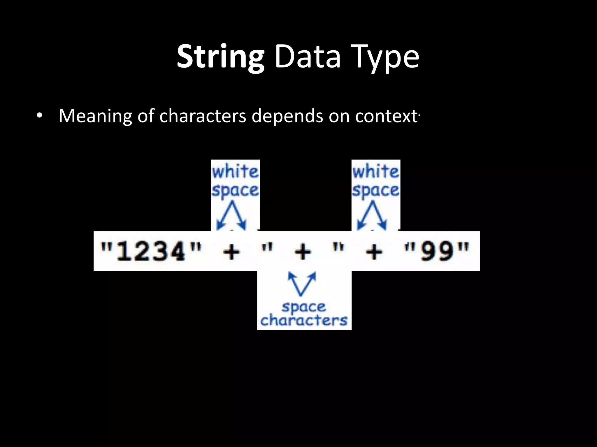 String Data Type
• Meaning of characters depends on context.
 