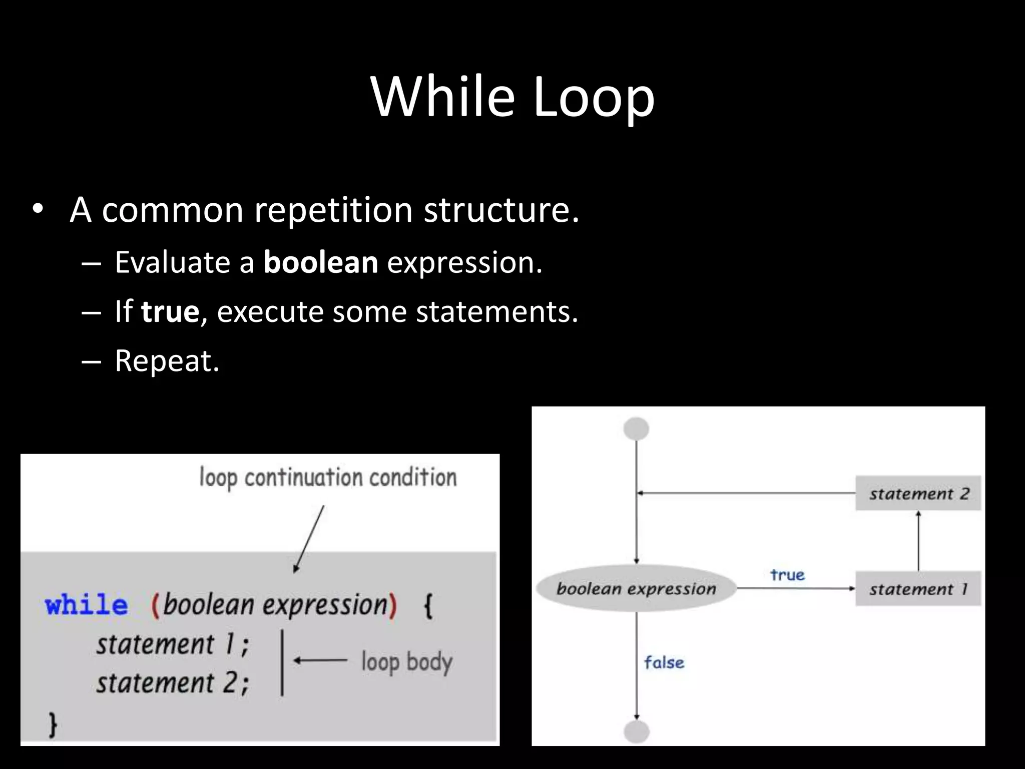 While Loop
• A common repetition structure.
– Evaluate a boolean expression.
– If true, execute some statements.
– Repeat.
 