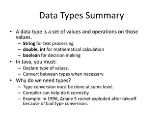 Type Conversion Examples
expression Expression type Expression value
“1234” + 99 String “123499”
Integer.parseInt(“123”) int 123
(int) 2.71828 int 2
Math.round(2.71828) long 3
(int) Math.round(2.71828) int 3
(int) Math.round(3.14159) int 3
11 * 0.3 double 3.3
(int) 11 * 0.3 double 3.3
11 * (int) 0.3 int 0
(int) (11 * 0.3) int 3
 