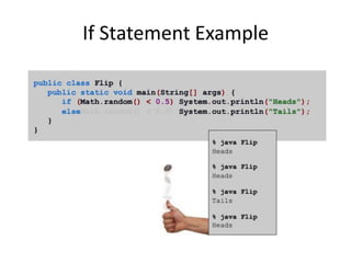 Data Types Summary
• A data type is a set of values and operations on those
values.
– String for text processing
– double, int for mathematical calculation
– boolean for decision making
• In Java, you must:
– Declare type of values.
– Convert between types when necessary
• Why do we need types?
– Type conversion must be done at some level.
– Compiler can help do it correctly.
– Example: in 1996, Ariane 5 rocket exploded after takeoff
because of bad type conversion.
 