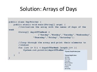 Solution: Arrays of Days
public class DayPrinter {
public static void main(String[] args) {
//initialize the array with the names of days of the
week
String[] daysOfTheWeek =
{"Sunday","Monday","Tuesday","Wednesday",
"Thuesday","Friday”,"Saturday"};
//loop through the array and print their elements to
//stdout
for (int i= 0;i < daysOfTheWeek.length;i++ ){
System.out.println(daysOfTheWeek[i]);
}
}
}
% javac DayPrinter.java
% java DayPrinter
Sunday
Monday
Tuesday
Wednesday
Thuesday
Friday
Saturday
 