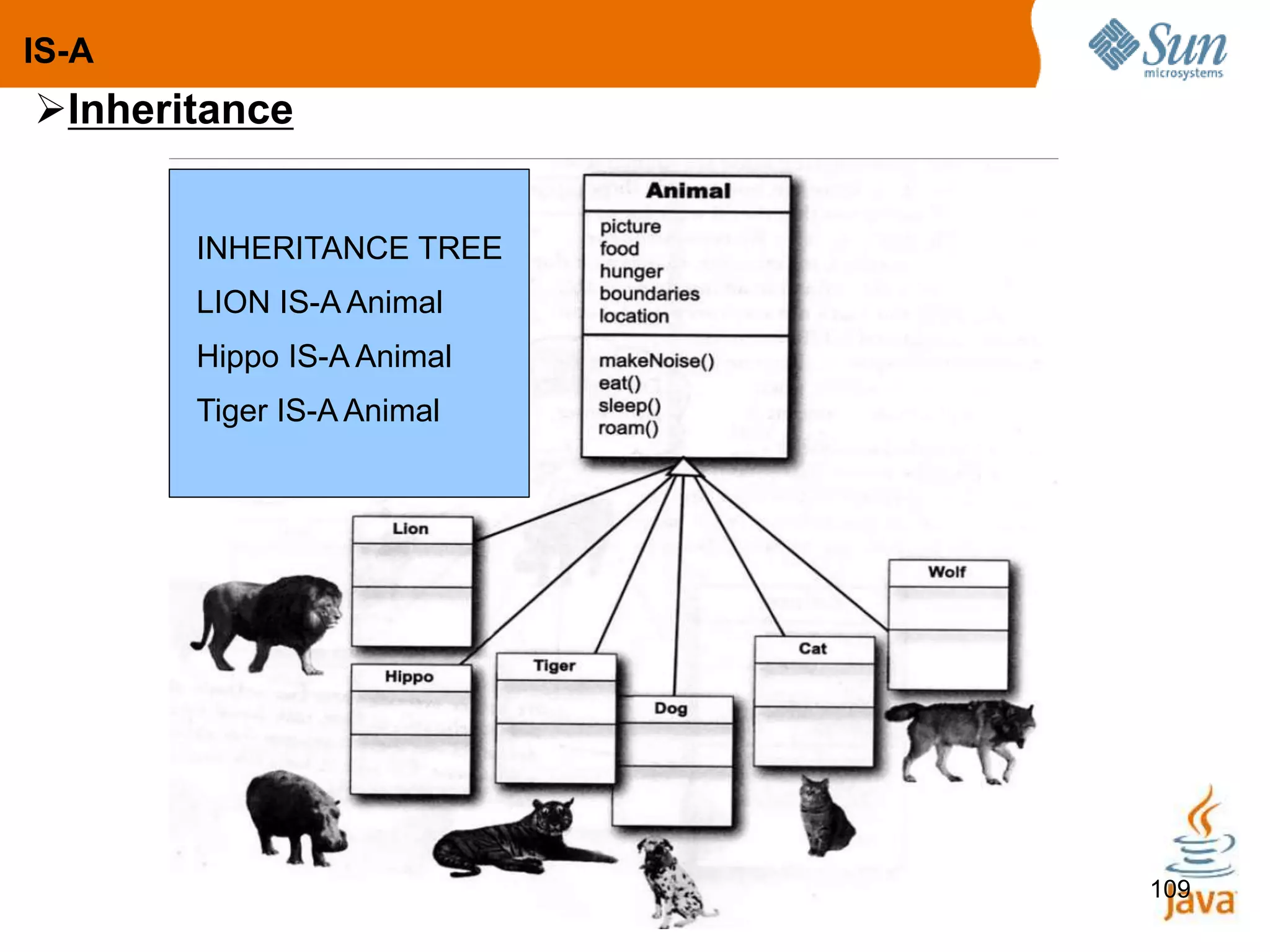109
IS-A
INHERITANCE TREE
LION IS-A Animal
Hippo IS-A Animal
Tiger IS-A Animal
Inheritance
 