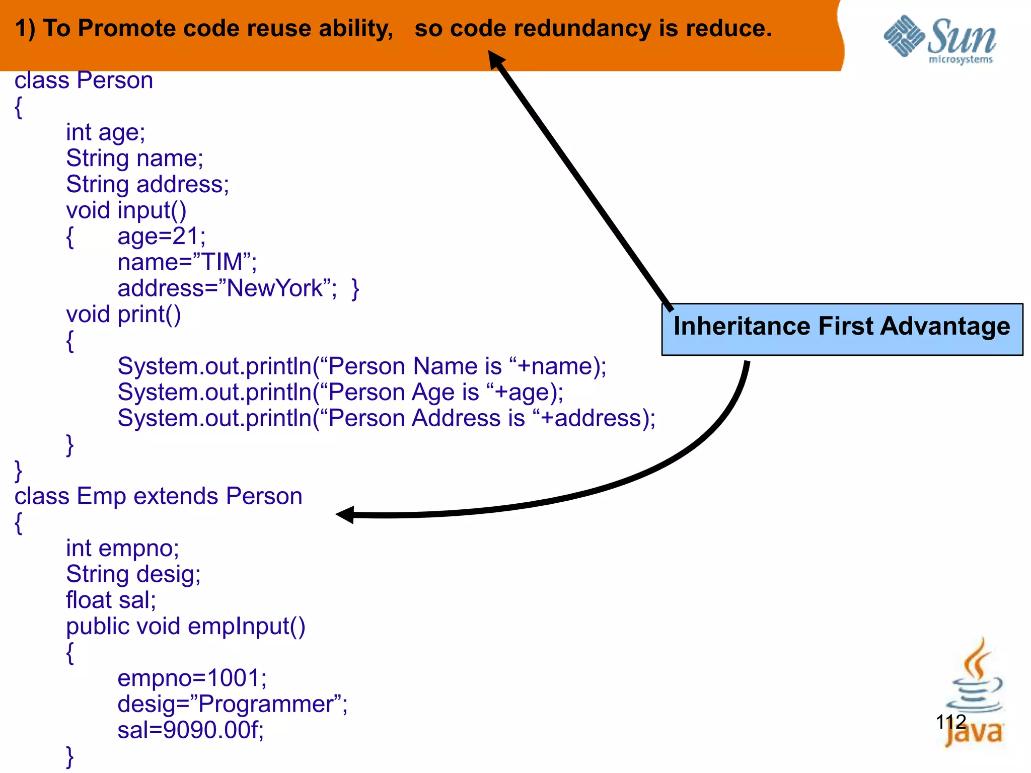112
1) To Promote code reuse ability, so code redundancy is reduce.
class Person
{
int age;
String name;
String address;
void input()
{ age=21;
name=”TIM”;
address=”NewYork”; }
void print()
{
System.out.println(“Person Name is “+name);
System.out.println(“Person Age is “+age);
System.out.println(“Person Address is “+address);
}
}
class Emp extends Person
{
int empno;
String desig;
float sal;
public void empInput()
{
empno=1001;
desig=”Programmer”;
sal=9090.00f;
}
Inheritance First Advantage
 