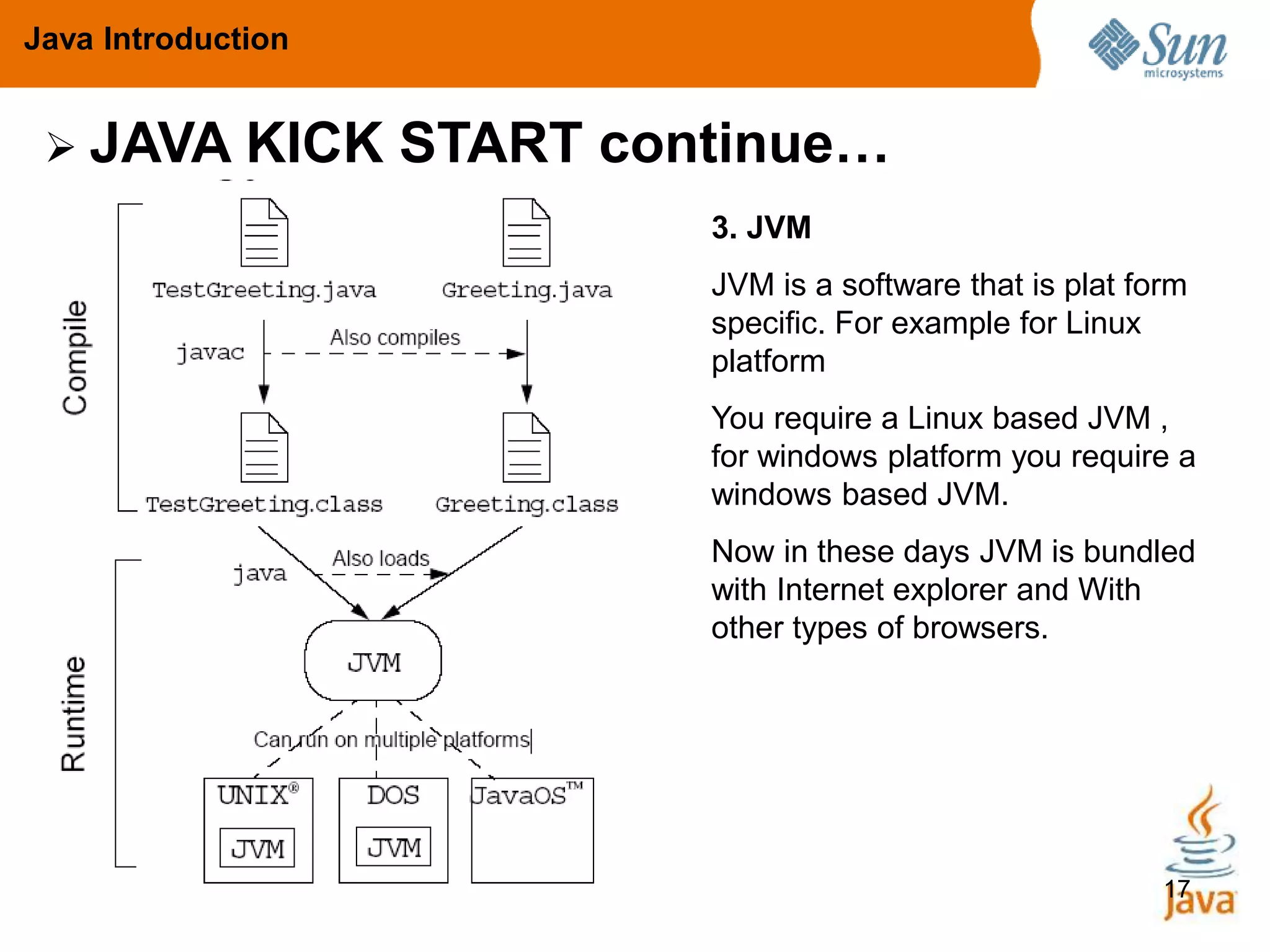 17
Java Introduction
 JAVA KICK START continue…
3. JVM
JVM is a software that is plat form
specific. For example for Linux
platform
You require a Linux based JVM ,
for windows platform you require a
windows based JVM.
Now in these days JVM is bundled
with Internet explorer and With
other types of browsers.
 