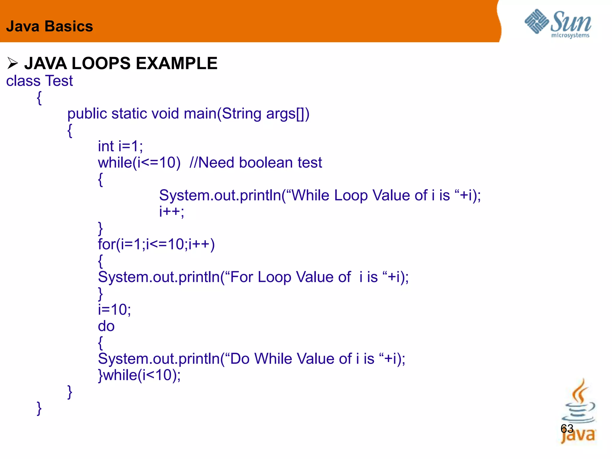 63
 JAVA LOOPS EXAMPLE
class Test
{
public static void main(String args[])
{
int i=1;
while(i<=10) //Need boolean test
{
System.out.println(“While Loop Value of i is “+i);
i++;
}
for(i=1;i<=10;i++)
{
System.out.println(“For Loop Value of i is “+i);
}
i=10;
do
{
System.out.println(“Do While Value of i is “+i);
}while(i<10);
}
}
Java Basics
 