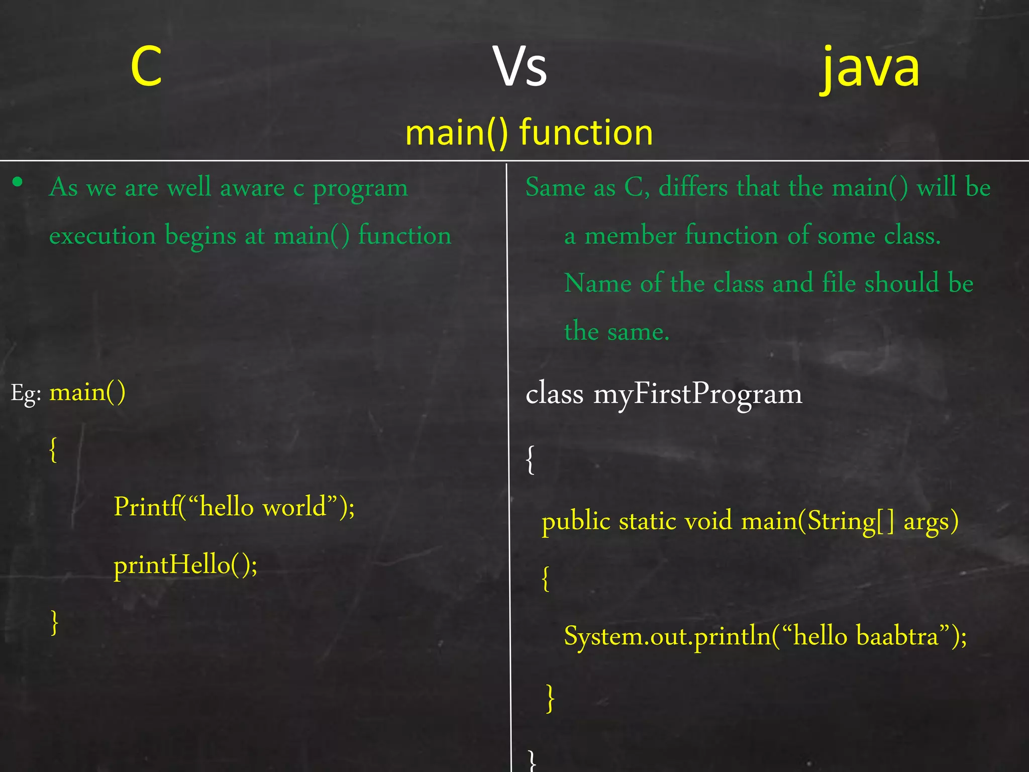 C Vs java
• As we are well aware c program
execution begins at main() function
Eg: main()
{
Printf(‚hello world‛);
printHello();
}
Same as C, differs that the main() will be
a member function of some class.
Name of the class and file should be
the same.
class myFirstProgram
{
public static void main(String[] args)
{
System.out.println(‚hello baabtra‛);
}
main() function
 