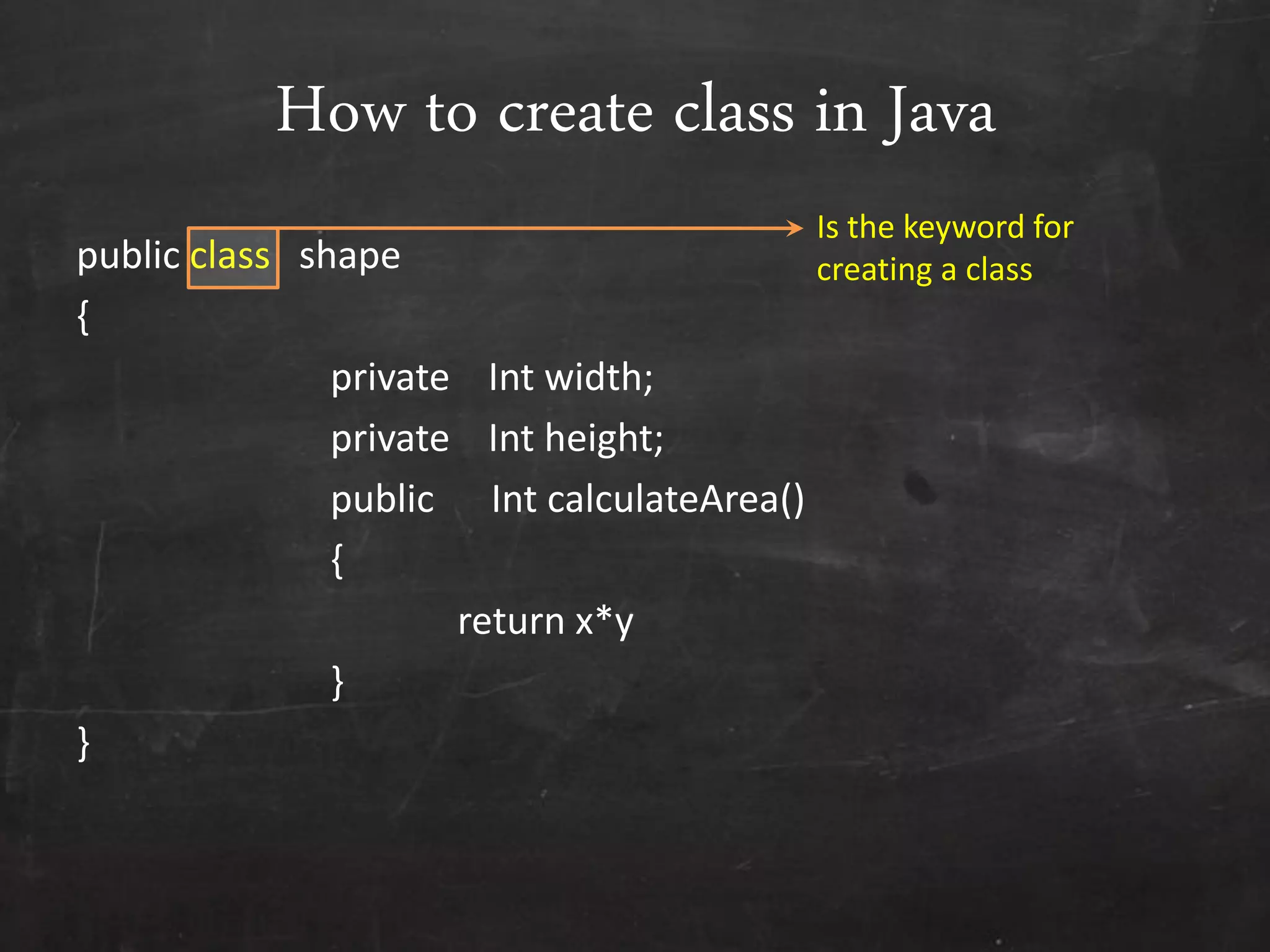 How to create class in Java
public class shape
{
private Int width;
private Int height;
public Int calculateArea()
{
return x*y
}
}
Is the keyword for
creating a class
 