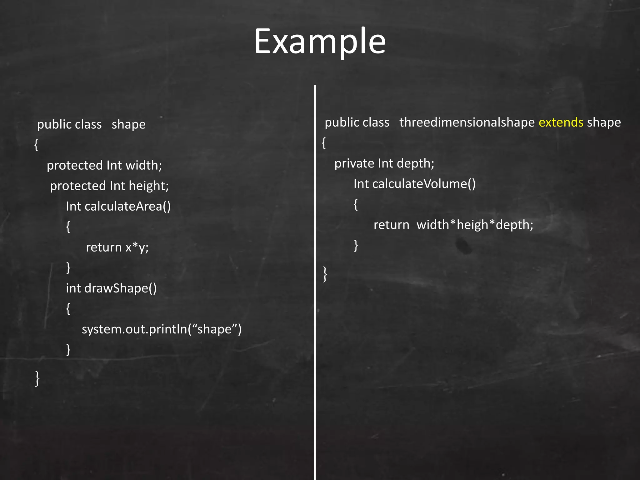 public class shape
{
protected Int width;
protected Int height;
Int calculateArea()
{
return x*y;
}
int drawShape()
{
system.out.println(“shape”)
}
}
public class threedimensionalshape extends shape
{
private Int depth;
Int calculateVolume()
{
return width*heigh*depth;
}
}
Example
 