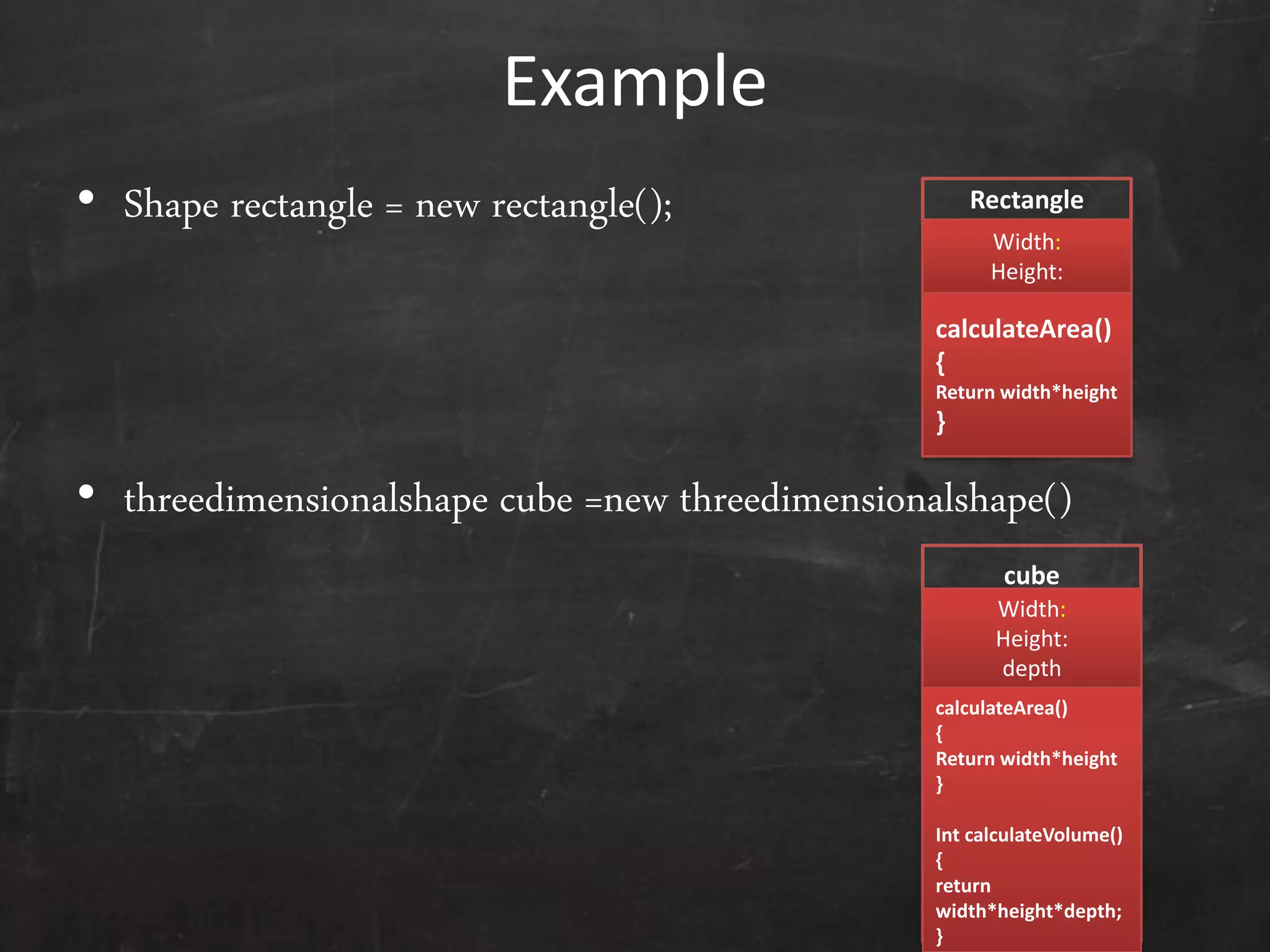 Example
• Shape rectangle = new rectangle();
• threedimensionalshape cube =new threedimensionalshape()
Rectangle
Width:
Height:
calculateArea()
{
Return width*height
}
cube
Width:
Height:
depth
calculateArea()
{
Return width*height
}
Int calculateVolume()
{
return
width*height*depth;
}
 