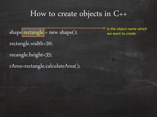 How to create objects in C++
shape rectangle = new shape();
rectangle.width=20;
recangle.height=35;
rArea=rectangle.calculateArea();
Is the object name which
we want to create
 