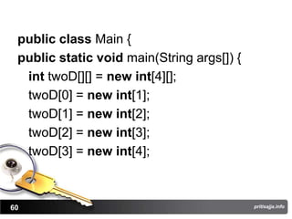 public class Main {
 public static void main(String args[]) {
  int twoD[][] = new int[4][];
  twoD[0] = new int[1];
  twoD[1] = new int[2];
  twoD[2] = new int[3];
  twoD[3] = new int[4];



60                                          pritisajja.info
 