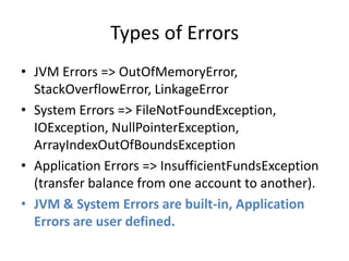 Types of Errors
• JVM Errors => OutOfMemoryError,
StackOverflowError, LinkageError
• System Errors => FileNotFoundException,
IOException, NullPointerException,
ArrayIndexOutOfBoundsException
• Application Errors => InsufficientFundsException
(transfer balance from one account to another).
• JVM & System Errors are built-in, Application
Errors are user defined.
 