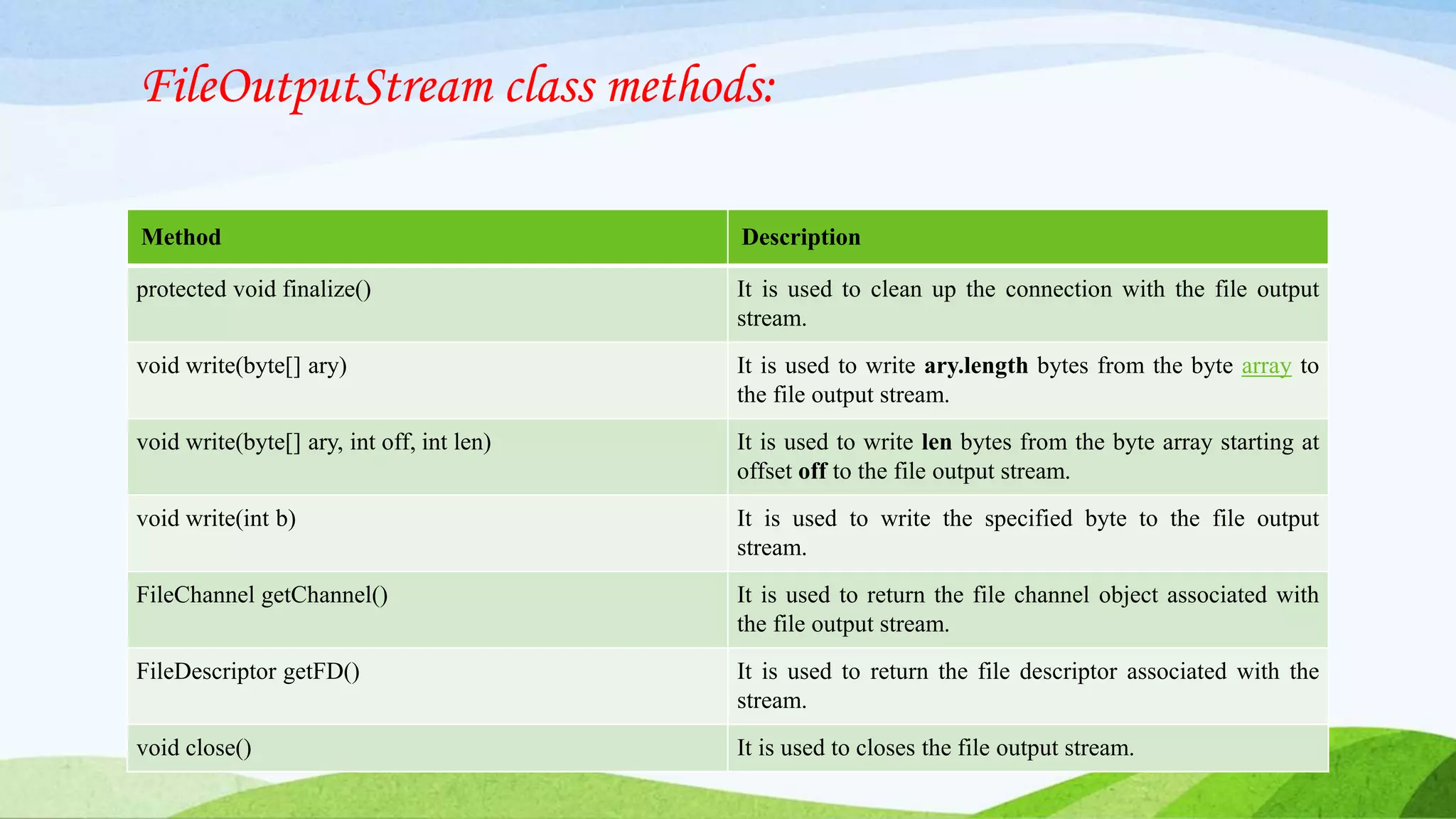 FileOutputStream class methods:
Method Description
protected void finalize() It is used to clean up the connection with the file output
stream.
void write(byte[] ary) It is used to write ary.length bytes from the byte array to
the file output stream.
void write(byte[] ary, int off, int len) It is used to write len bytes from the byte array starting at
offset off to the file output stream.
void write(int b) It is used to write the specified byte to the file output
stream.
FileChannel getChannel() It is used to return the file channel object associated with
the file output stream.
FileDescriptor getFD() It is used to return the file descriptor associated with the
stream.
void close() It is used to closes the file output stream.
 