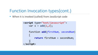 Function Invocation types(cont.)
 When it is invoked (called) from JavaScript code
 