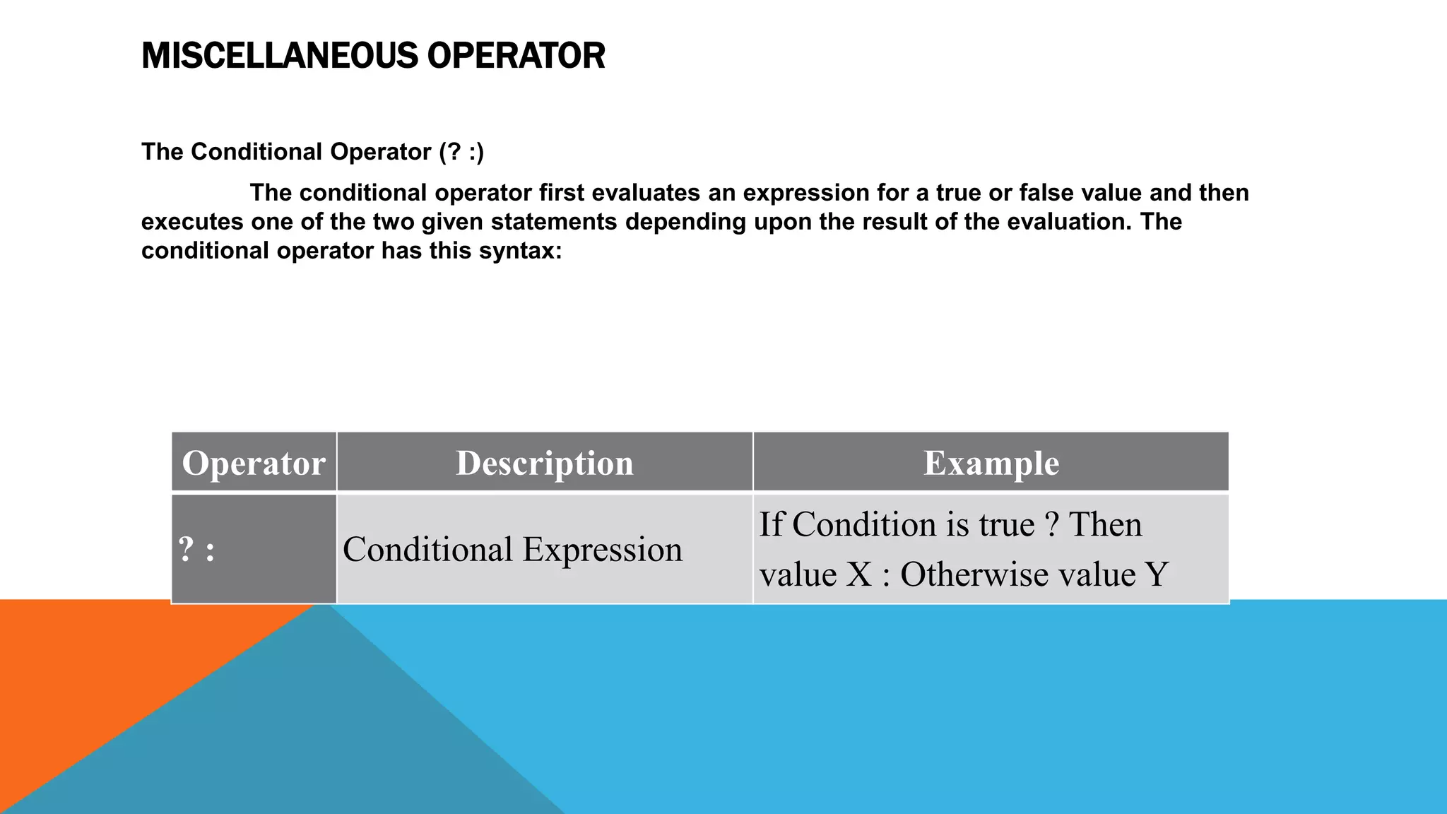 MISCELLANEOUS OPERATOR
The Conditional Operator (? :)
The conditional operator first evaluates an expression for a true or false value and then
executes one of the two given statements depending upon the result of the evaluation. The
conditional operator has this syntax:
Operator Description Example
? : Conditional Expression
If Condition is true ? Then
value X : Otherwise value Y
 