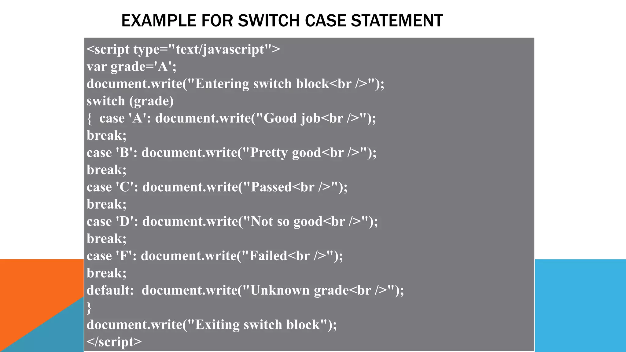 EXAMPLE FOR SWITCH CASE STATEMENT
<script type="text/javascript">
var grade='A';
document.write("Entering switch block<br />");
switch (grade)
{ case 'A': document.write("Good job<br />");
break;
case 'B': document.write("Pretty good<br />");
break;
case 'C': document.write("Passed<br />");
break;
case 'D': document.write("Not so good<br />");
break;
case 'F': document.write("Failed<br />");
break;
default: document.write("Unknown grade<br />");
}
document.write("Exiting switch block");
</script>
 