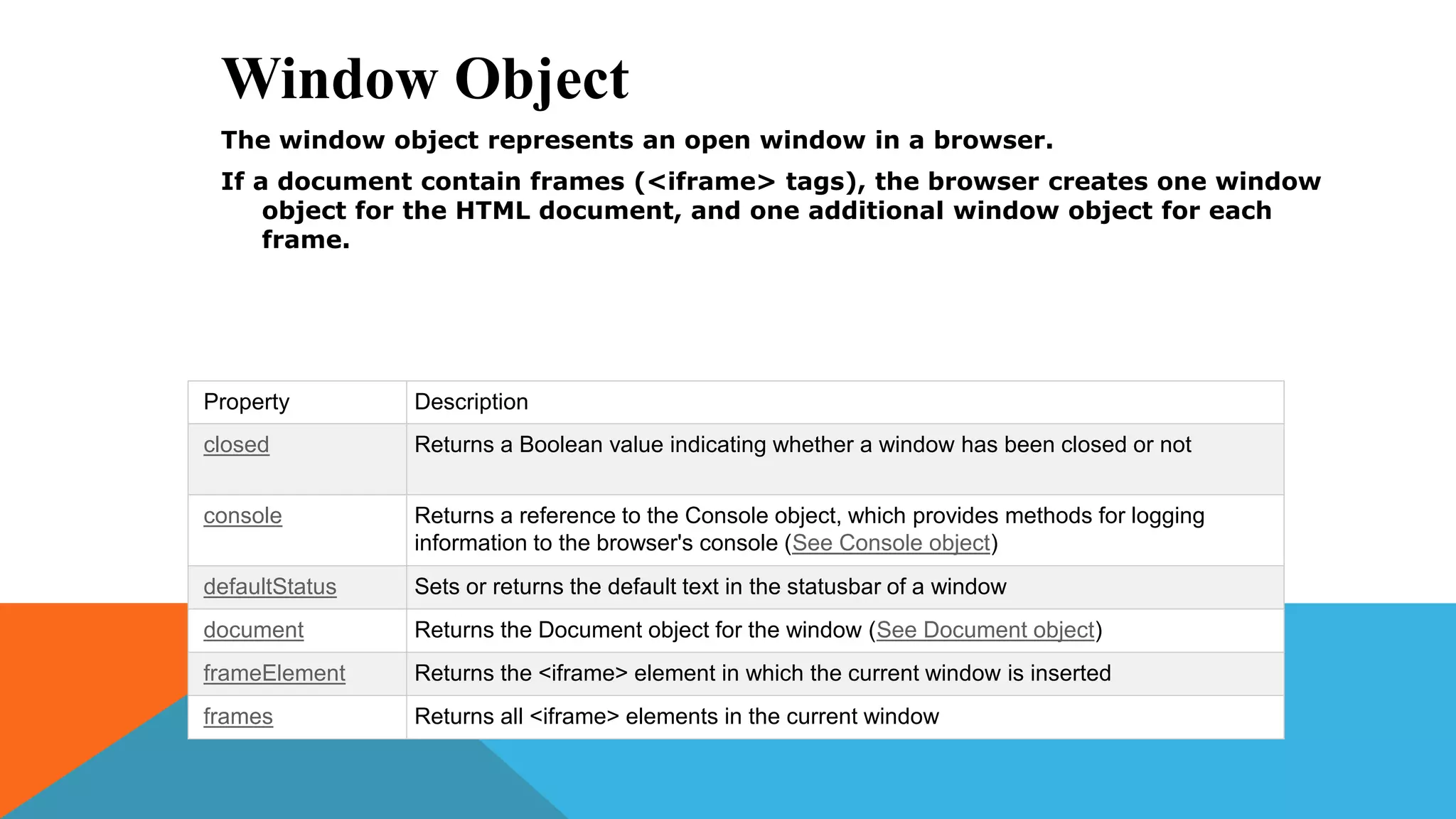 Window Object
The window object represents an open window in a browser.
If a document contain frames (<iframe> tags), the browser creates one window
object for the HTML document, and one additional window object for each
frame.
Property Description
closed Returns a Boolean value indicating whether a window has been closed or not
console Returns a reference to the Console object, which provides methods for logging
information to the browser's console (See Console object)
defaultStatus Sets or returns the default text in the statusbar of a window
document Returns the Document object for the window (See Document object)
frameElement Returns the <iframe> element in which the current window is inserted
frames Returns all <iframe> elements in the current window
 
