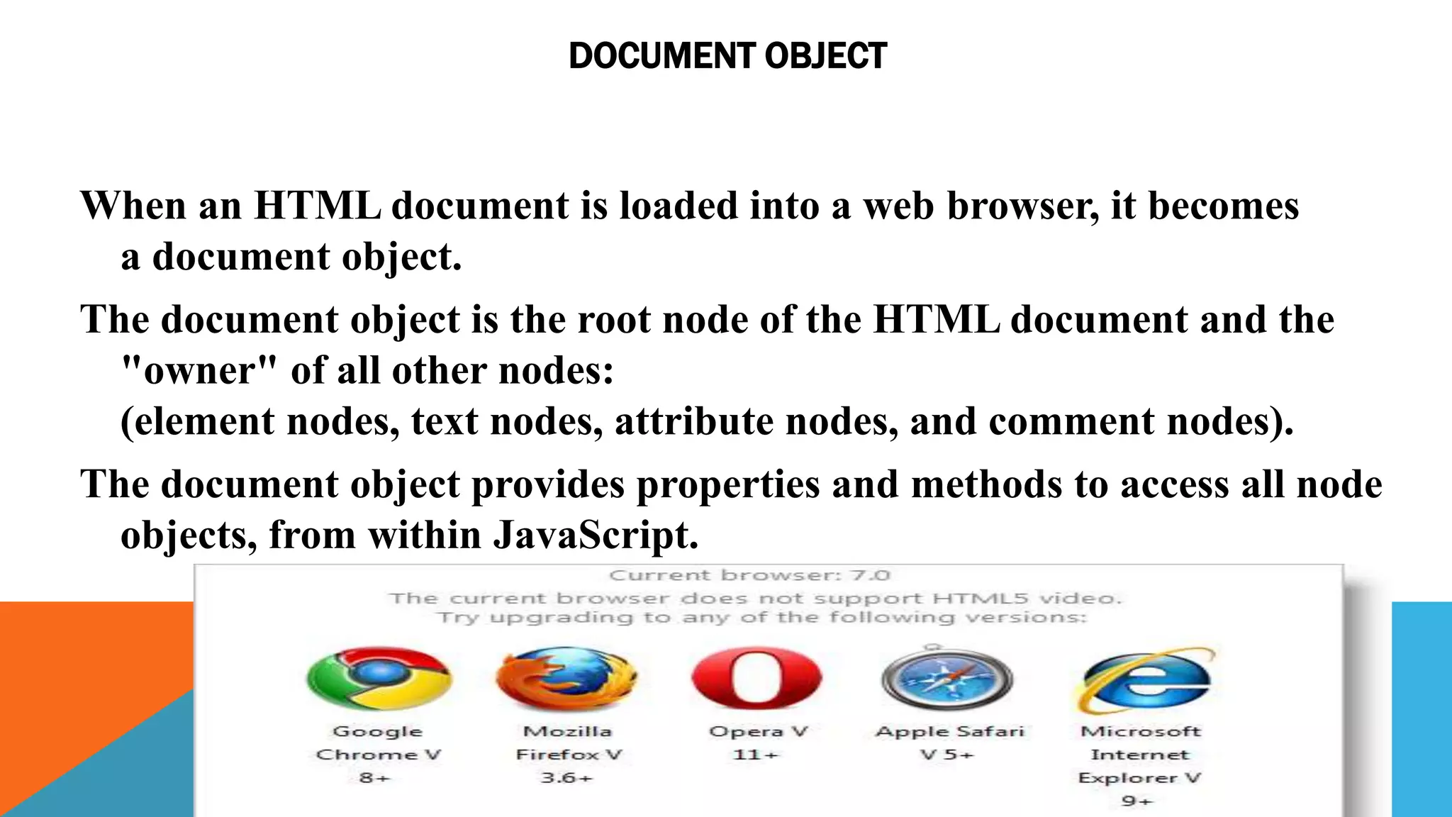 DOCUMENT OBJECT
When an HTML document is loaded into a web browser, it becomes
a document object.
The document object is the root node of the HTML document and the
"owner" of all other nodes:
(element nodes, text nodes, attribute nodes, and comment nodes).
The document object provides properties and methods to access all node
objects, from within JavaScript.
 