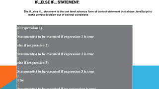 IF...ELSE IF... STATEMENT:
The if...else if... statement is the one level advance form of control statement that allows JavaScript to
make correct decision out of several conditions
if (expression 1)
{
Statement(s) to be executed if expression 1 is true
}
else if (expression 2)
{
Statement(s) to be executed if expression 2 is true
}
else if (expression 3)
{
Statement(s) to be executed if expression 3 is true
}
Else
{
 