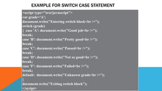 EXAMPLE FOR SWITCH CASE STATEMENT
<script type="text/javascript">
var grade='A';
document.write("Entering switch block<br />");
switch (grade)
{ case 'A': document.write("Good job<br />");
break;
case 'B': document.write("Pretty good<br />");
break;
case 'C': document.write("Passed<br />");
break;
case 'D': document.write("Not so good<br />");
break;
case 'F': document.write("Failed<br />");
break;
default: document.write("Unknown grade<br />");
}
document.write("Exiting switch block");
</script>
 