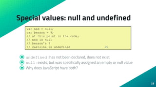 Special values: null and undefined
⦿ undefined : has not been declared, does not exist
⦿ null : exists, but was specifically assigned an empty or null value
⦿ Why does JavaScript have both?
23
var ned = null;
var benson = 9;
// at this point in the code,
// ned is null
// benson's 9
// caroline is undefined JS
 
