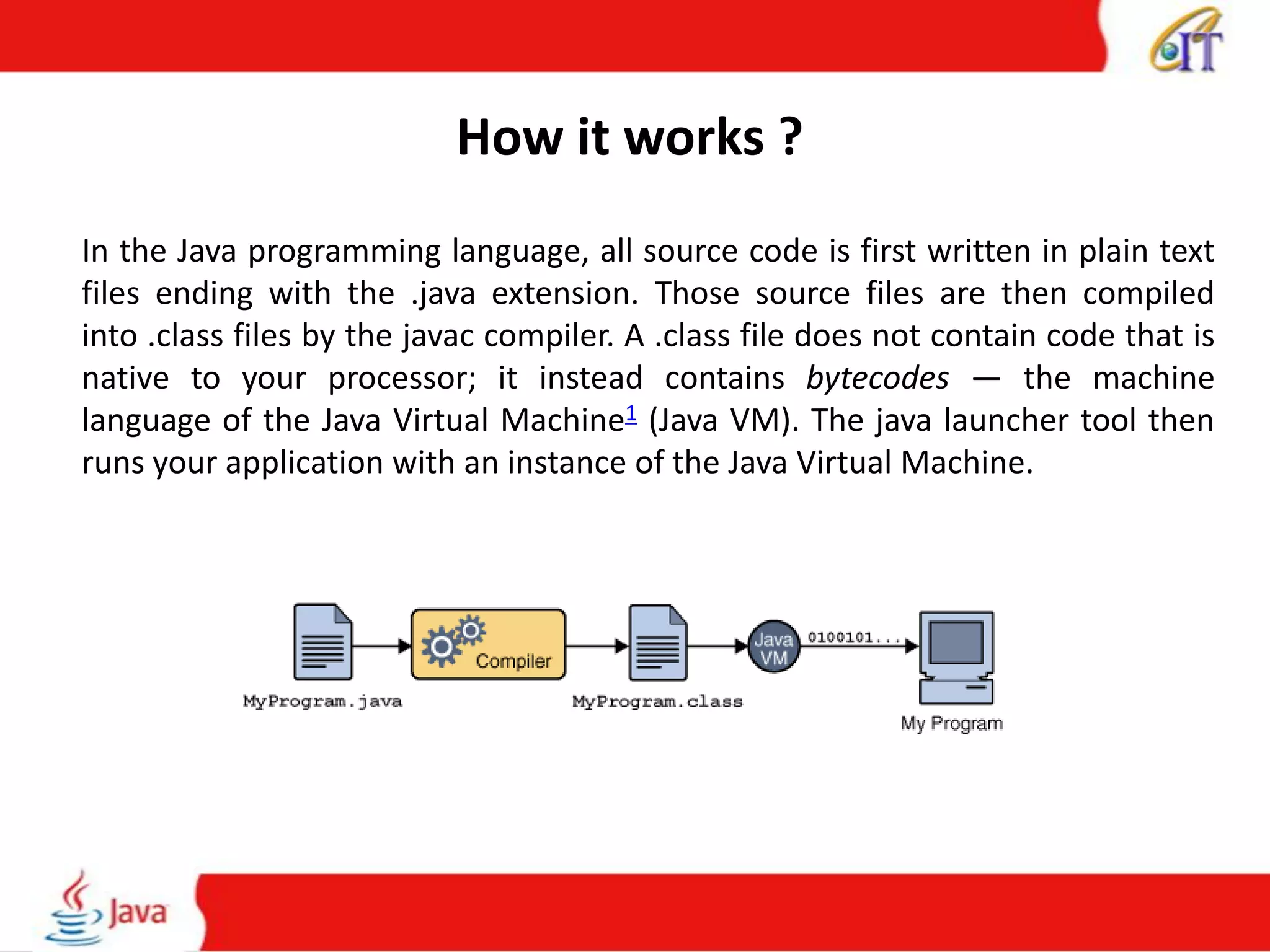 How it works ?
In the Java programming language, all source code is first written in plain text
files ending with the .java extension. Those source files are then compiled
into .class files by the javac compiler. A .class file does not contain code that is
native to your processor; it instead contains bytecodes — the machine
language of the Java Virtual Machine1 (Java VM). The java launcher tool then
runs your application with an instance of the Java Virtual Machine.
 