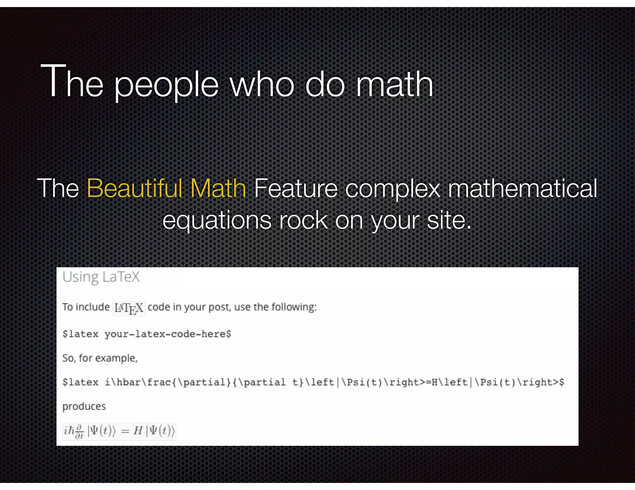 The people who do math
The Beautiful Math Feature complex mathematical
equations rock on your site.
 