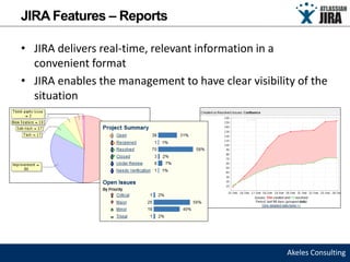 JIRA Features – Reports

• JIRA delivers real-time, relevant information in a
  convenient format
• JIRA enables the management to have clear visibility of the
  situation




                                                    Akeles Consulting
 