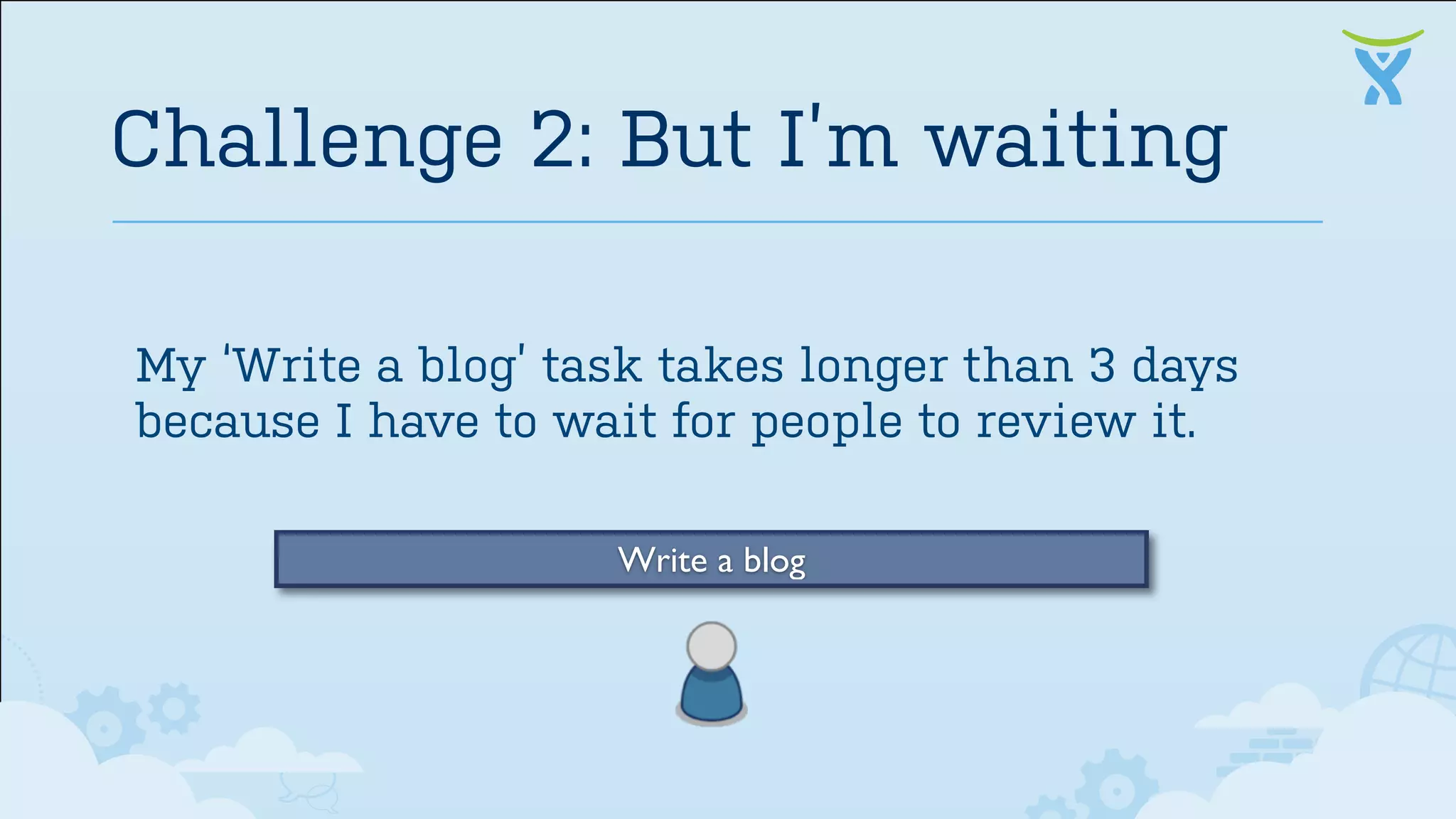 My ‘Write a blog’ task takes longer than 3 days
because I have to wait for people to review it.
Challenge 2: But I’m waiting
Write a blog
 