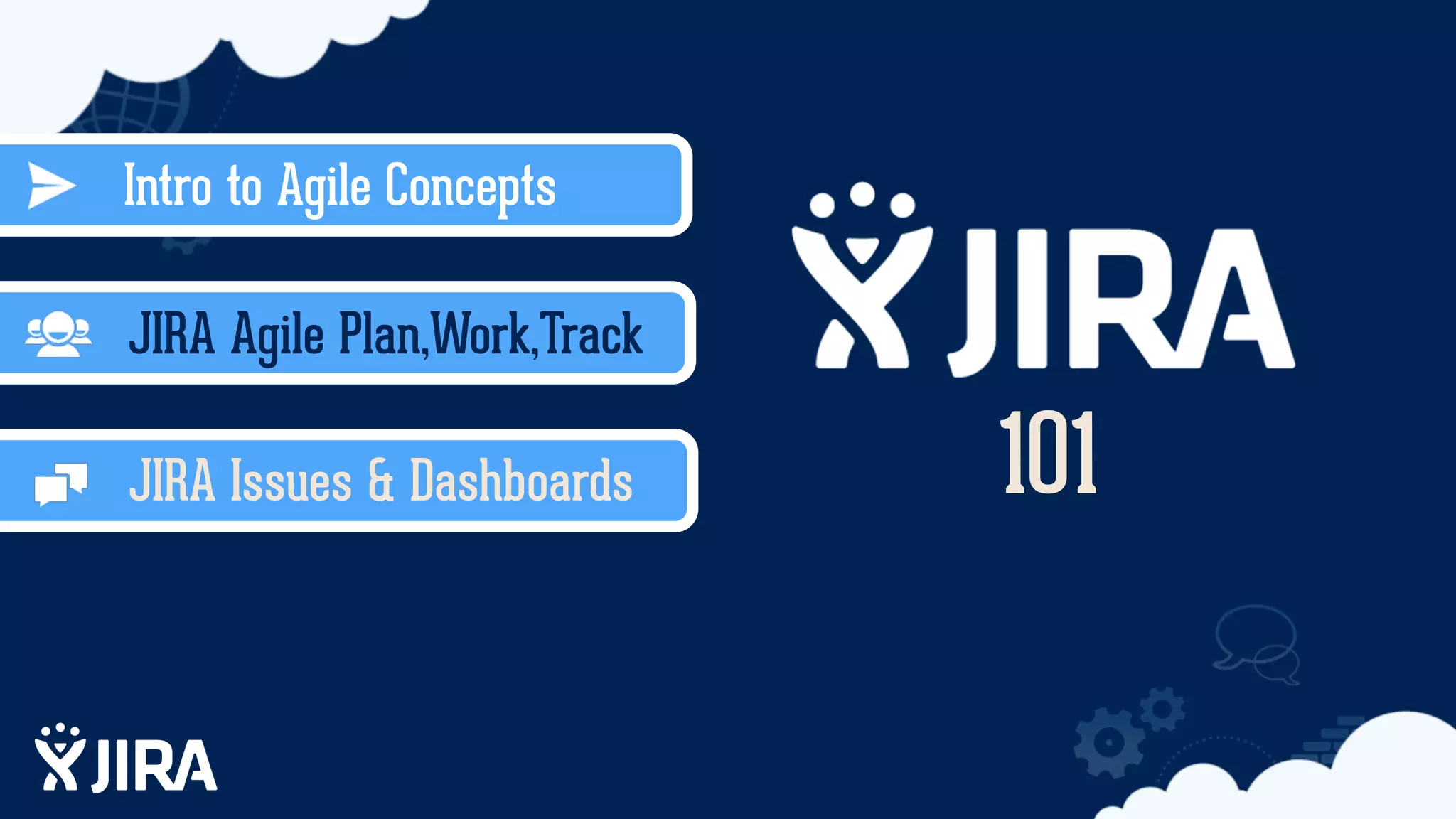 Intro to Agile Concepts
JIRA Agile Plan,Work,Track
JIRA Issues & Dashboards 101
 