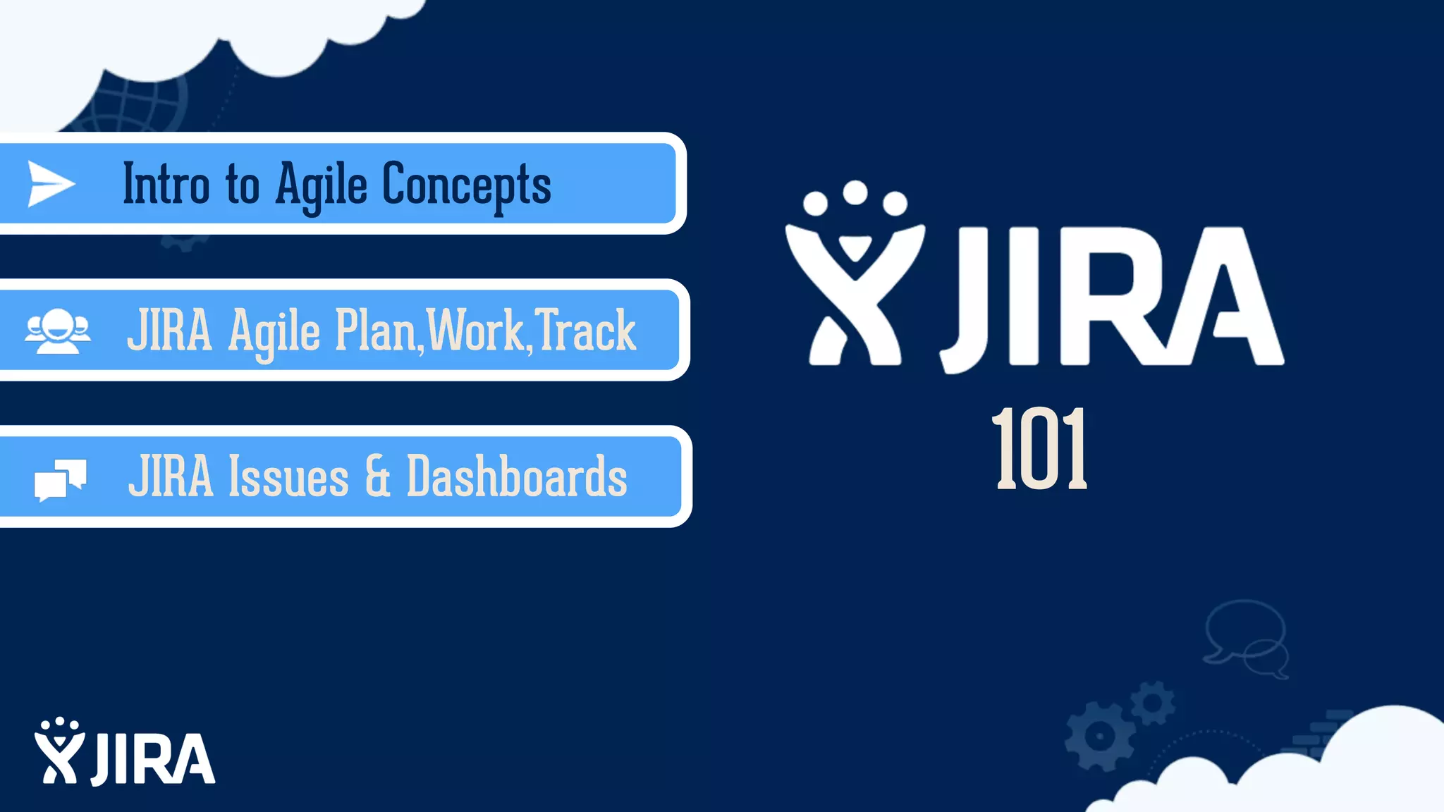 Intro to Agile Concepts
JIRA Agile Plan,Work,Track
JIRA Issues & Dashboards 101
 