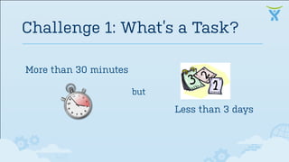 Challenge 1: What’s a Task?
More than 30 minutes
Less than 3 days
but
 