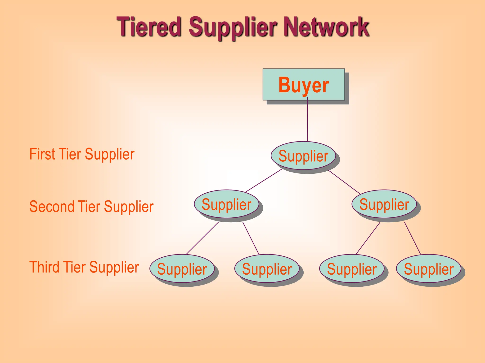 Tiered Supplier Network
Supplier
Supplier
Supplier
Supplier
Supplier Supplier
Buyer
Supplier
First Tier Supplier
Second Tier Supplier
Third Tier Supplier
 