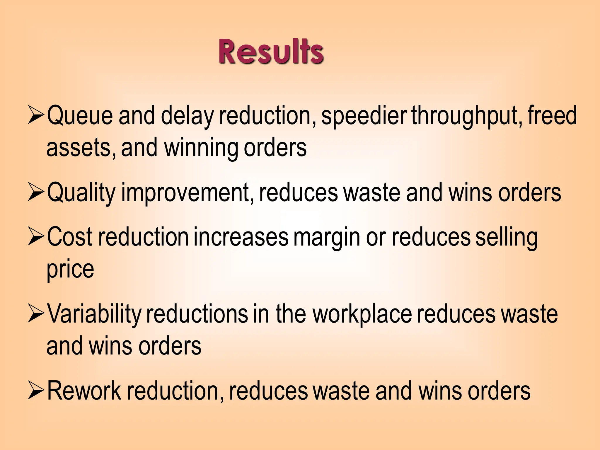 Results
➢Queue and delay reduction,speedierthroughput,freed
assets,and winning orders
➢Quality improvement,reduces waste and wins orders
➢Cost reductionincreasesmargin or reducesselling
price
➢Variabilityreductionsin the workplacereduces waste
and wins orders
➢Rework reduction,reduceswaste and wins orders
 