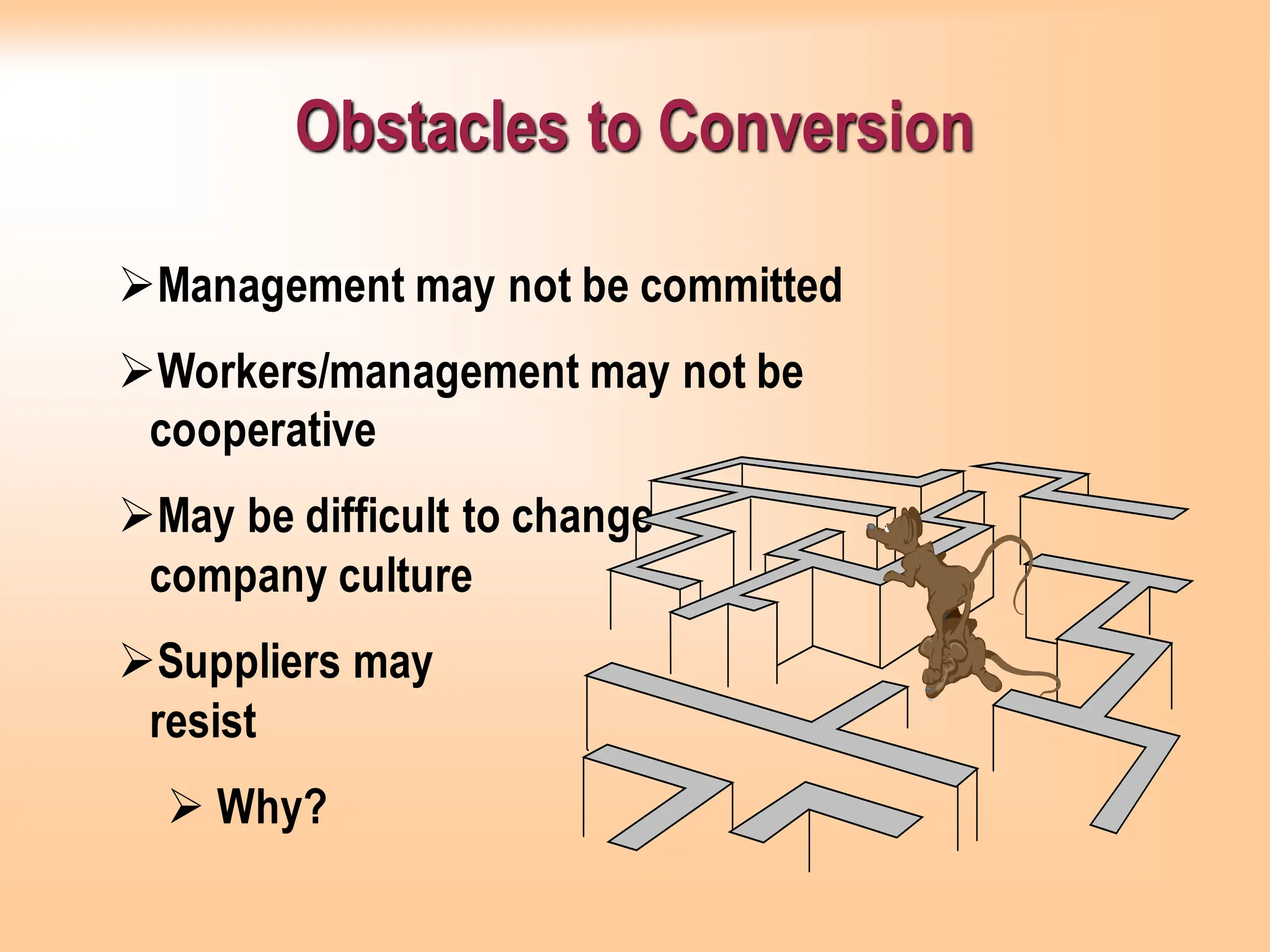 Obstacles to Conversion
➢Management may not be committed
➢Workers/management may not be
cooperative
➢May be difficult to change
company culture
➢Suppliers may
resist
➢ Why?
 