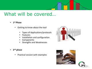What will be covered…
• 1st Phase
• Getting to know about the tool
• Types of Applications/protocols
• Features
• Installation and configuration
• Components
• Strengths and Weaknesses
• 2nd phase
• Practical session with examples
 