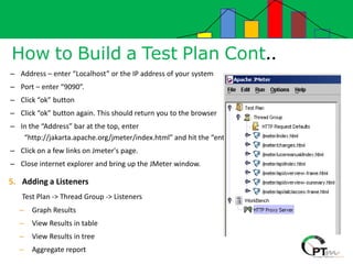 How to Build a Test Plan Cont..
– Address – enter “Localhost” or the IP address of your system
– Port – enter “9090”.
– Click “ok” button
– Click “ok” button again. This should return you to the browser
– In the “Address” bar at the top, enter
“http://jakarta.apache.org/jmeter/index.html” and hit the “enter” key.
– Click on a few links on Jmeter's page.
– Close internet explorer and bring up the JMeter window.
5. Adding a Listeners
Test Plan -> Thread Group -> Listeners
– Graph Results
– View Results in table
– View Results in tree
– Aggregate report
 