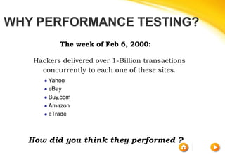 WHY PERFORMANCE TESTING?
The week of Feb 6, 2000:
Hackers delivered over 1-Billion transactions
concurrently to each one of these sites.
 Yahoo
 eBay
 Buy.com
 Amazon
 eTrade
How did you think they performed ?
 