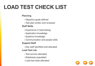 LOAD TEST CHECK LIST
Planning
Objective goals defined
Test plan written and reviewed
Staff Skills
Experience in load testing
Application knowledge
Systems knowledge
Communication and people skills
Support Staff
Key staff identified and allocated
Load Test Lab
Test servers allocated
Databases populated
Load test tools allocated
 