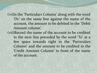 (vi)In the ‘Particulars Column’ along with the word
‘Dr.’ on the same line against the name of the
account, the amount to be debited in the ‘Debit
Amount column’.
(vii)Record the name of the account to be credited
in the next line preceded by the word ‘To’ at a
few space towards right in the ‘Particulars
Column’ and the amount to be credited in the
‘Credit Amount Column’ in front of the name
of the account.
 