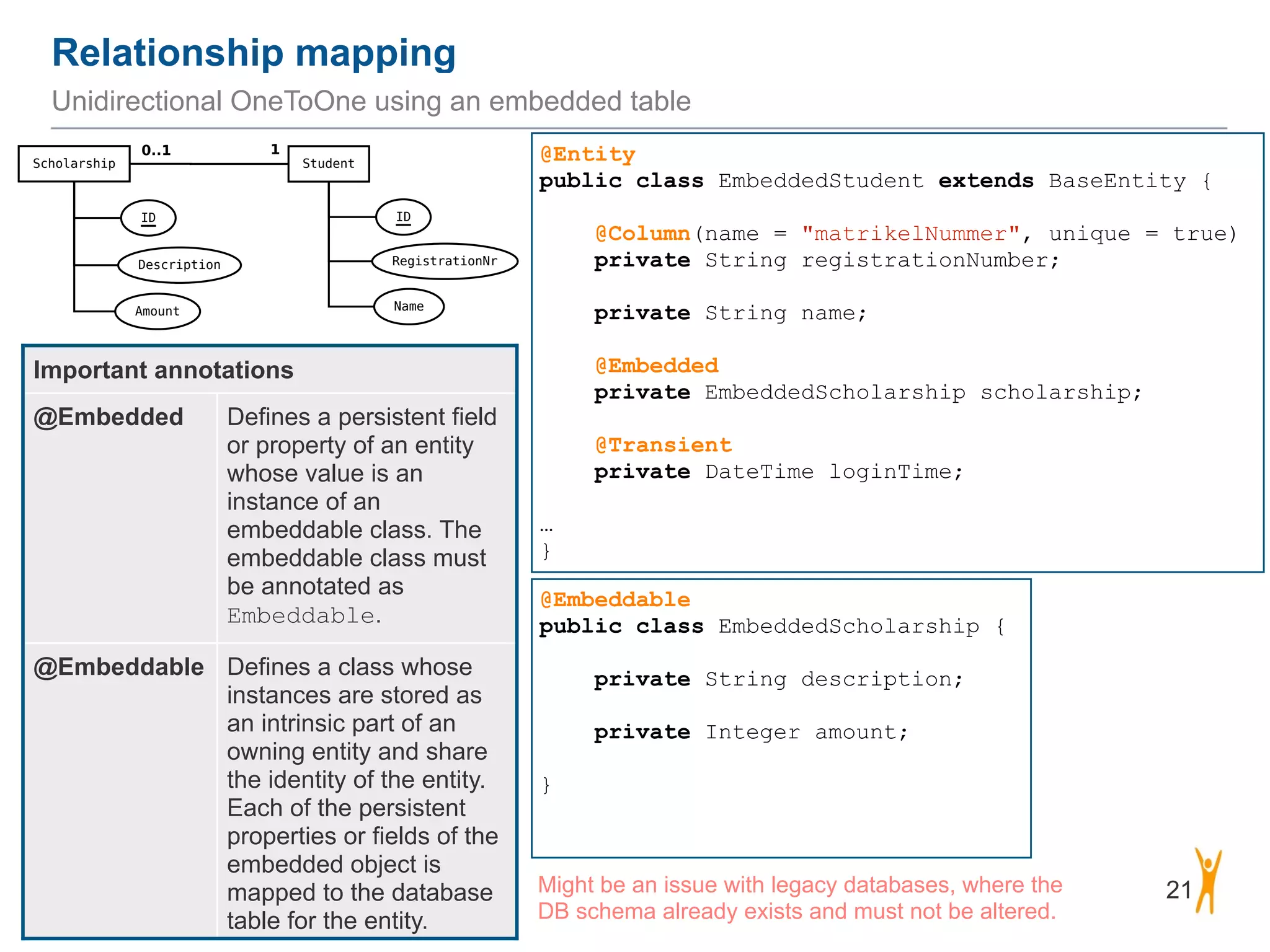 Relationship mapping 21 Unidirectional OneToOne using an embedded table @Entity public class EmbeddedStudent extends BaseEntity { ! @Column(name = "matrikelNummer", unique = true) private String registrationNumber; ! private String name; ! @Embedded private EmbeddedScholarship scholarship; ! @Transient private DateTime loginTime; ! … } @Embeddable public class EmbeddedScholarship { ! private String description; ! private Integer amount; } ! Important annotations @Embedded Defines a persistent field or property of an entity whose value is an instance of an embeddable class. The embeddable class must be annotated as Embeddable. @Embeddable Defines a class whose instances are stored as an intrinsic part of an owning entity and share the identity of the entity. Each of the persistent properties or fields of the embedded object is mapped to the database table for the entity. Might be an issue with legacy databases, where the DB schema already exists and must not be altered. 