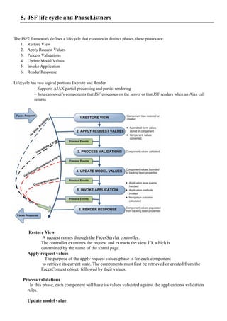 5. JSF life cycle and PhaseListners


The JSF2 framework defines a lifecycle that executes in distinct phases, these phases are:
   1. Restore View
   2. Apply Request Values
   3. Process Validations
   4. Update Model Values
   5. Invoke Application
   6. Render Response

Lifecycle has two logical portions Execute and Render
            – Supports AJAX partial processing and partial rendering
            – You can specify components that JSF processes on the server or that JSF renders when an Ajax call
            returns




        Restore View
               A request comes through the FacesServlet controller.
              The controller examines the request and extracts the view ID, which is
              determined by the name of the xhtml page.
        Apply request values
                The purpose of the apply request values phase is for each component
               to retrieve its current state. The components must first be retrieved or created from the
              FacesContext object, followed by their values.

     Process validations
        In this phase, each component will have its values validated against the application's validation
       rules.

        Update model value
 