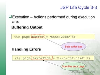 JSP and Servlets / Session 5 / 21 of 24
JSP Life Cycle 3-3
Execution – Actions performed during execution
are:
<%@ page buffer = "none|20kb" %>
<%@ page errorPage = "errorJSP.html" %>
Handling Errors
Sets buffer size
Specifies error page
Buffering Output
 