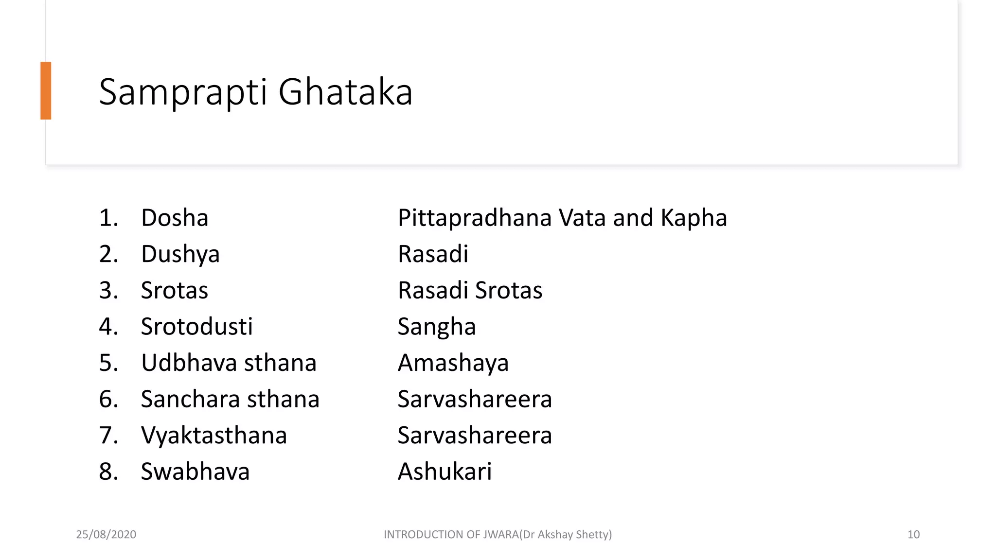 Samprapti Ghataka
1. Dosha Pittapradhana Vata and Kapha
2. Dushya Rasadi
3. Srotas Rasadi Srotas
4. Srotodusti Sangha
5. Udbhava sthana Amashaya
6. Sanchara sthana Sarvashareera
7. Vyaktasthana Sarvashareera
8. Swabhava Ashukari
25/08/2020 INTRODUCTION OF JWARA(Dr Akshay Shetty) 10
 