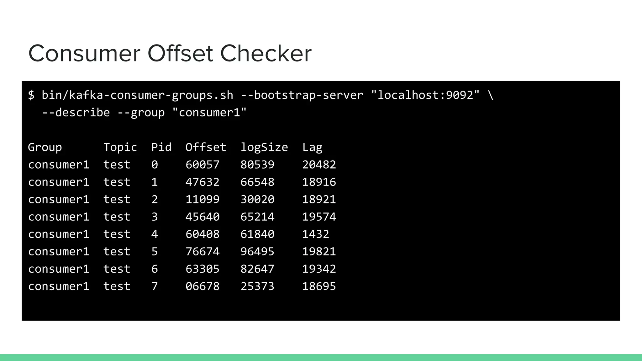 Consumer Offset Checker
$ bin/kafka-consumer-groups.sh --bootstrap-server "localhost:9092" 
--describe --group "consumer1"
Group Topic Pid Offset logSize Lag
consumer1 test 0 60057 80539 20482
consumer1 test 1 47632 66548 18916
consumer1 test 2 11099 30020 18921
consumer1 test 3 45640 65214 19574
consumer1 test 4 60408 61840 1432
consumer1 test 5 76674 96495 19821
consumer1 test 6 63305 82647 19342
consumer1 test 7 06678 25373 18695
 